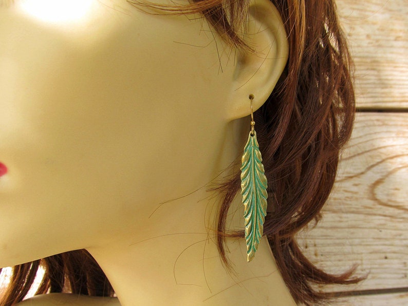 Leaf Earrings / Long Dangle Drop Earrings / Patina Jewelry image 7