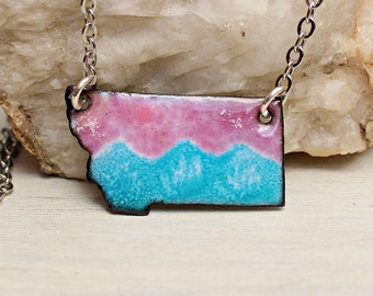 Montana Necklace, Enamel Jewelry, Made in Montana, Pink Blue