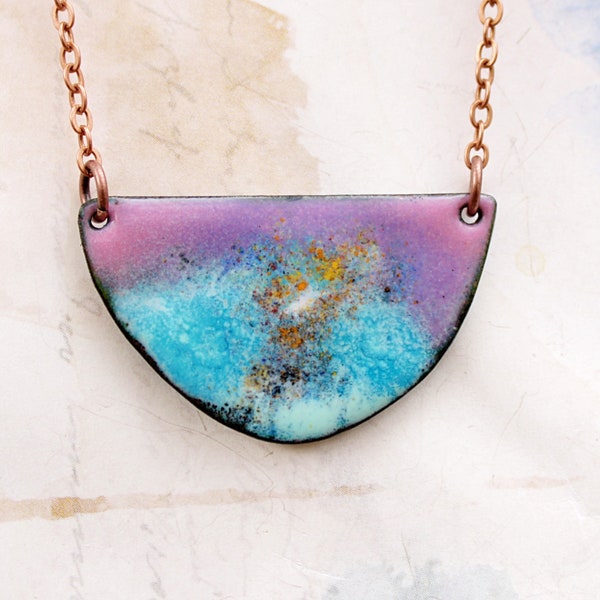 Artsy Necklace, One of a Kind Boho Jewelry, Purple Bib Necklace, Rustic Enamel Necklace, Torch Fired Enamel Jewelry, Bohemian Jewelry