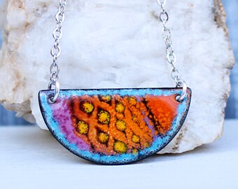 Boho Bib Necklace, Enamel Jewelry, Orange Necklace