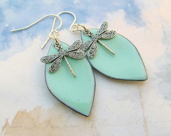 Dragonfly Earrings, Pastel Blue Enamel Earrings, Art Nouveau Jewelry