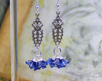 Montana Blue Flower Earrings, Silver Filigree Dangle Earrings, Navy Blue Bellflower Earrings, Flemenco Dancer Earrings, Art Nouveau Jewelry