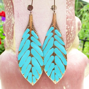 Big Turquoise Earrings, Long Leaf Earrings, Boho Dangle Earrings, Hippie Earrings, Bohemian jewelry image 1