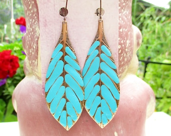 Grandes boucles d'oreilles turquoise, boucles d'oreilles longues feuilles, boucles d'oreilles bohèmes, boucles d'oreilles hippies, bijoux bohèmes