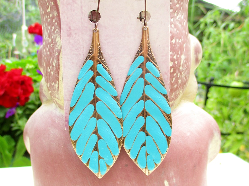 Big Turquoise Earrings, Long Leaf Earrings, Boho Dangle Earrings, Hippie Earrings, Bohemian jewelry image 1
