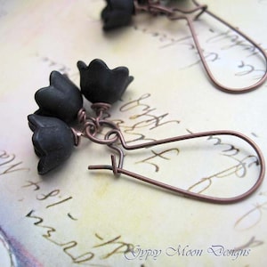 Black Flower Earrings, Dangle Drop Earrings, Art Nouveau Jewelry