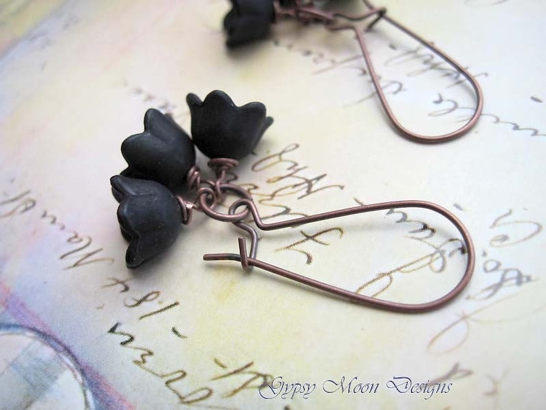 Black Flower Earrings, Dangle Drop Earrings, Art Nouveau Jewelry image 1