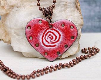 Long Red Heart Necklace, Copper 7th Anniversary Gift for Wife, Torch Fired Enamel Jewelry