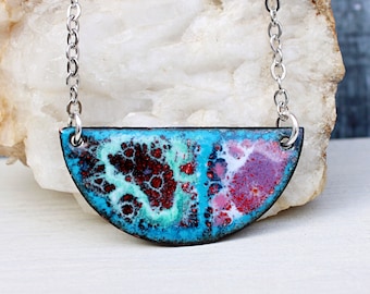 Artsy Boho Necklace, Enamel Pendant Necklace, Handmade Enamel Jewelry