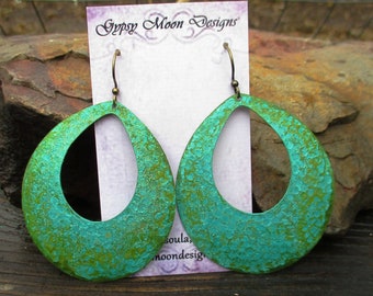 Big Boho Earrings, Large Green Patina Statement Hoop Earrings, Hippie Boho Jewelry