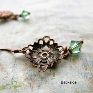 Small Copper Earrings Soft Green Crystals / copper jewelry image 3