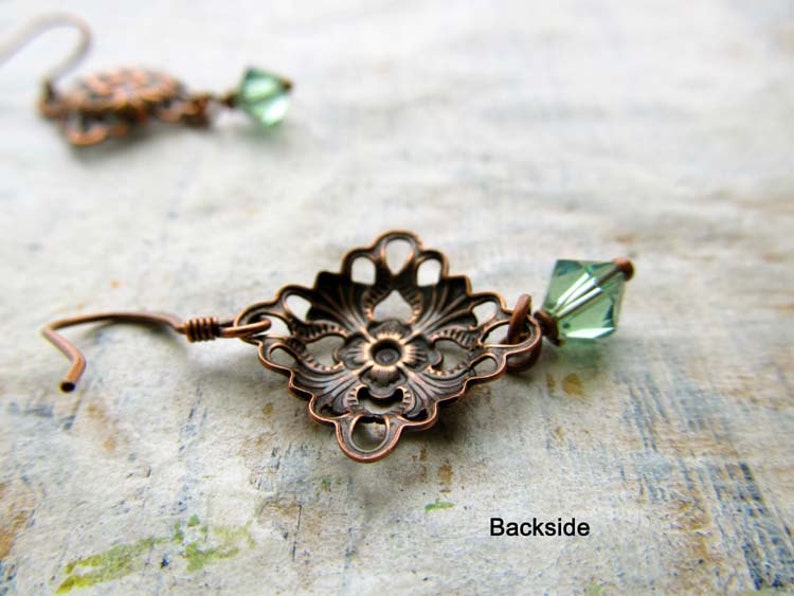 Small Copper Earrings Soft Green Crystals / copper jewelry image 3