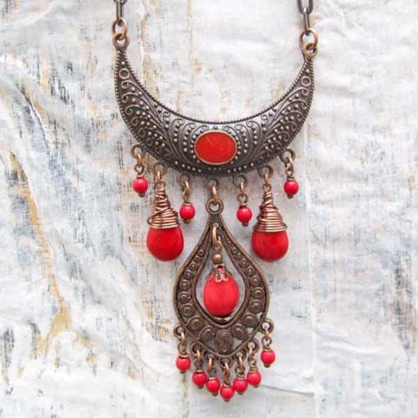 red statement necklace Copper Bib Crescent Gypsy necklace Bohemian Jewelry Boho Accessories