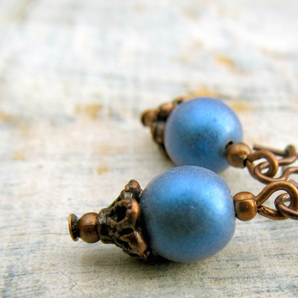 Rustic small Blue earrings afordable woman's gift soft denim blue dangle earrings copper jewelry