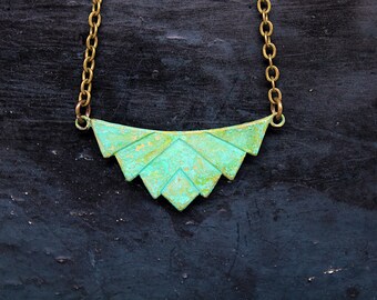 Art Deco Necklace, Rustic Green Patina Pendant Necklace, Hipster Art Deco Jewelry