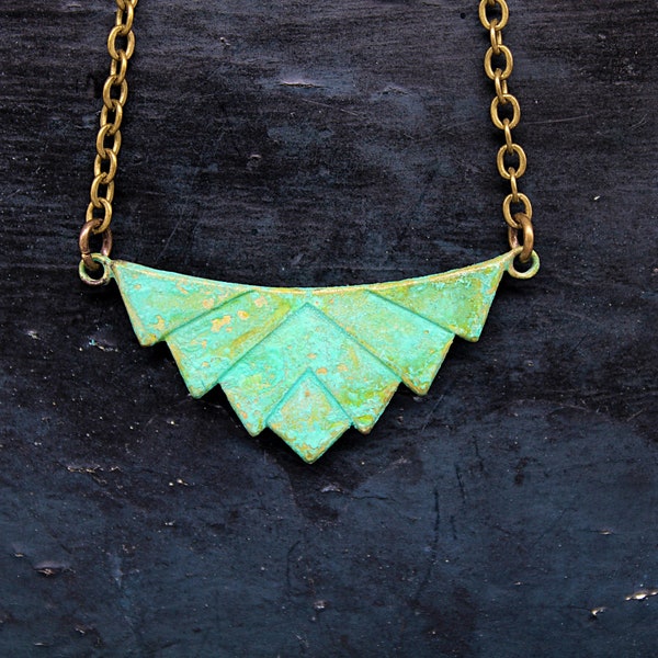 Art Deco Necklace, Rustic Green Patina Pendant Necklace, Hipster Art Deco Jewelry