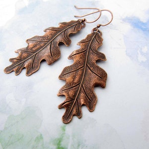 Big Oak Leaf Earrings, Copper Earrings, Long Drop Dangle Earrings, Copper Wedding Anniversary, Rustic Art Nouveau Jewelry image 7