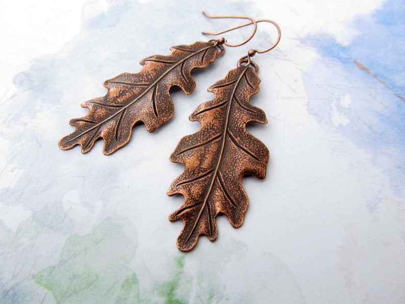 Big Oak Leaf Earrings, Copper Earrings, Long Drop Dangle Earrings, Copper Wedding Anniversary, Rustic Art Nouveau Jewelry image 7