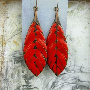 Big Red Earrings, Boho Earrings, Long Leaf Earrings, Gift for her, dangle drop earrings, Bohemian Boho Jewelry image 3