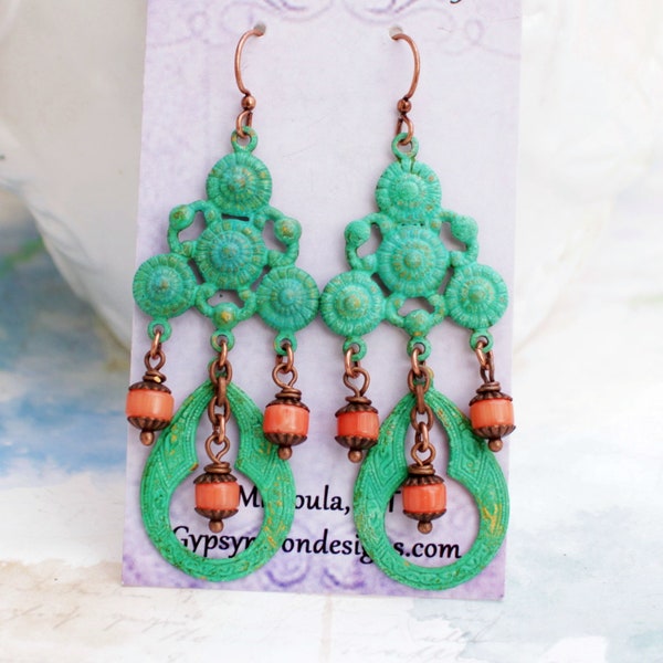 Chandelier Boho Earrings, Turquoise Patina Statement Earrings with Orange Bamboo Coral, Moroccan Bohemian Jewelry