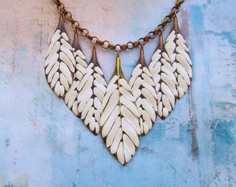 Off White Statement Necklace / Boho Leaf Bib Necklace / Handmade Bohemian Jewelry / Gift for Her