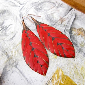 Big Red Earrings, Boho Earrings, Long Leaf Earrings, Gift for her, dangle drop earrings, Bohemian Boho Jewelry image 4