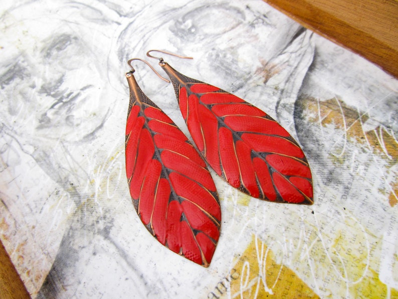 Big Red Earrings, Boho Earrings, Long Leaf Earrings, Gift for her, dangle drop earrings, Bohemian Boho Jewelry image 4