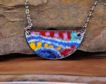 Boho Necklace, Colorful Blue Yellow Enamel Bib Necklace , Artsy Artisan Enamel Boho Jewelry