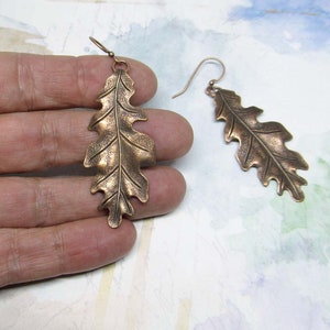 Big Oak Leaf Earrings, Copper Earrings, Long Drop Dangle Earrings, Copper Wedding Anniversary, Rustic Art Nouveau Jewelry image 5