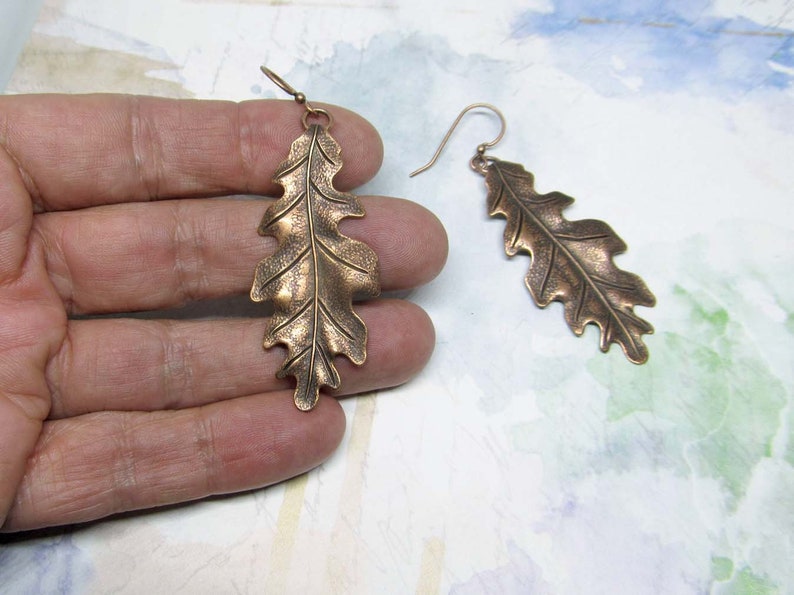 Big Oak Leaf Earrings, Copper Earrings, Long Drop Dangle Earrings, Copper Wedding Anniversary, Rustic Art Nouveau Jewelry image 5