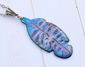 Blue Feather Necklace, Boho Jewelry, Enamel Jewelry, Gift for Her