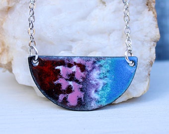 Pink Enamel Pendant Necklace, Boho Jewelry, Handmade Torch Fired Enamel Jewelry