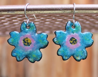 Turquoise Flower Earrings, Handmade Copper Enamel Jewelry