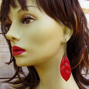 Big Red Earrings, Boho Earrings, Long Leaf Earrings, Gift for her, dangle drop earrings, Bohemian Boho Jewelry image 2