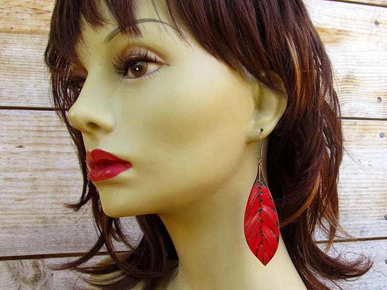 Big Red Earrings, Boho Earrings, Long Leaf Earrings, Gift for her, dangle drop earrings, Bohemian Boho Jewelry image 2