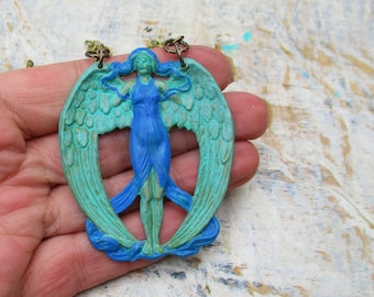 Boho Necklace, Goddess Nike Necklace, Art Nouveau Necklace, Lilith pendant necklace , Angel Necklace, Patina Jewelry