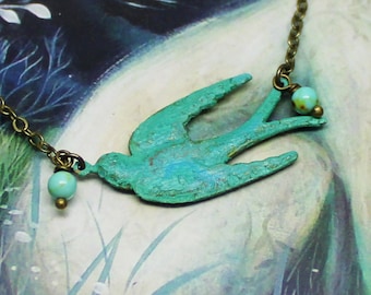 Bird Necklace, Swallow Necklace, Art Nouveau Jewelry, Patina Jewelry, Patina Pendant Necklace