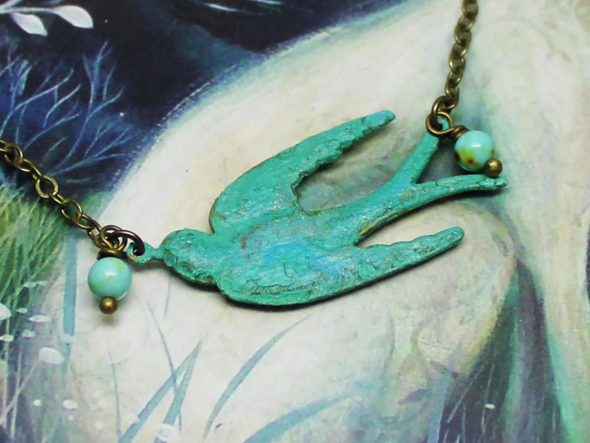 Bird Necklace, Gift for Mom, Patina Swallow Pendant Necklace, Art Nouveau Jewelry