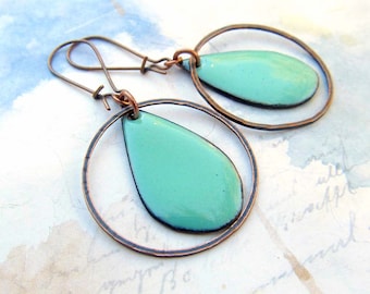 Turquoise Earrings,  Copper Hoop Earrings, Seafoam Enamel Earrings, Boho Earrings