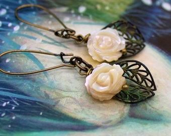Art Nouveau Earrings, Green Patina Leaf and Rose Earrings, Art Nouveau Jewelry, Flower Dangle Earrings