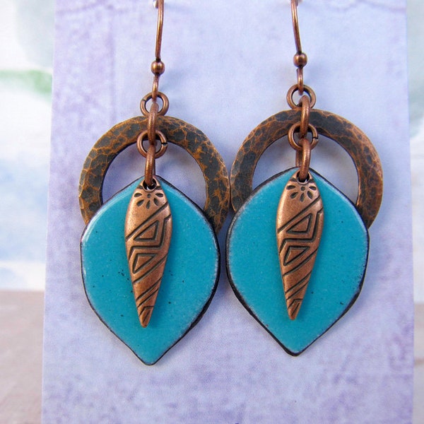 Mixed Metal earrings Turquoise dangle earrings Copper drop earrings Enamel jewelry Gift for wife  Bohemian jewelry