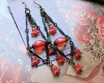 Long Boho Earrings, Romantic Gift for Her under 30, Opal Pink and Black Earrings