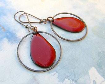 Red Earrings, Enamel Earrings, Copper Hoop earrings, Boho dangle earrings, Bohemian jewelry