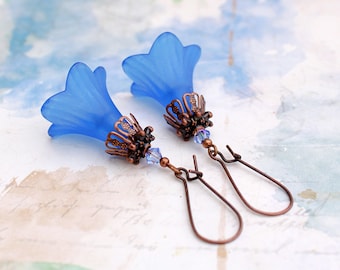 Blue Trumpet Flower Earrings, Big Earrings, Large Earrings, dangle drop earrings Copper Earrings, Floral Art Nouveau Jewelry