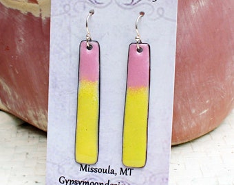 Enamel Bar Earrings, Yellow Stick Earrings, Pink Dangle Earrings, Gift for Mom