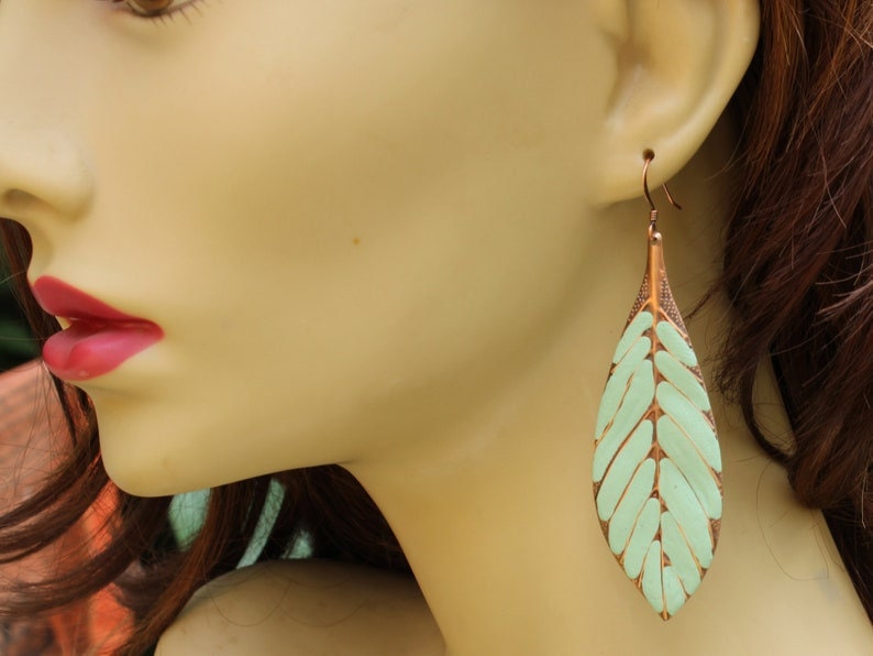 Boho Earrings, Big Earrings, Long Leaf Earrings Hand Painted Turquoise Green, Bohemian Earrings, Boho Jewelry image 2