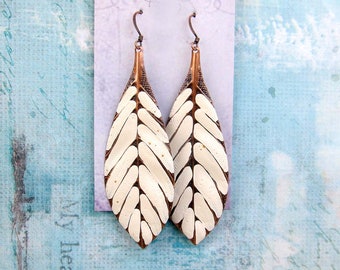 Big Bohemian Earrings, Long Boho Earrings, Copper Leaf Earrings, Linen White Dangle Earrings, Boho Jewelry