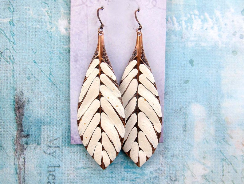 Big Bohemian Earrings, Long Boho Earrings, Copper Leaf Earrings, Linen White Dangle Earrings, Boho Jewelry image 1