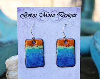 Small Earrings, Enamel Earrings in shades of Orange and Blue Greens,  One of a Kind Gift for Her