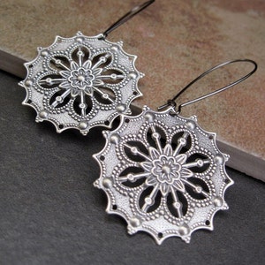 Silver Boho Earrings, Gypsy Earrings, Round Filigree Drop Dangle Earrings, Bohemian Jewelry image 1